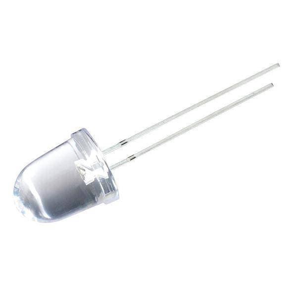 Large 10mm White LED Crystal - a clear, dome-shaped light-emitting diode with two long metal leads extending from its base.