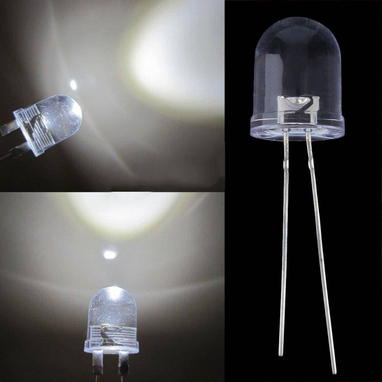 Large 10mm White LED Crystal - shown in three views: one close-up, one illuminated, and one full-length shot with two metal pins on a black background.