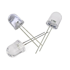 Large 10mm White LED Crystal - three clear, dome-shaped LED components with two metal leads each, arranged in a cross pattern.
