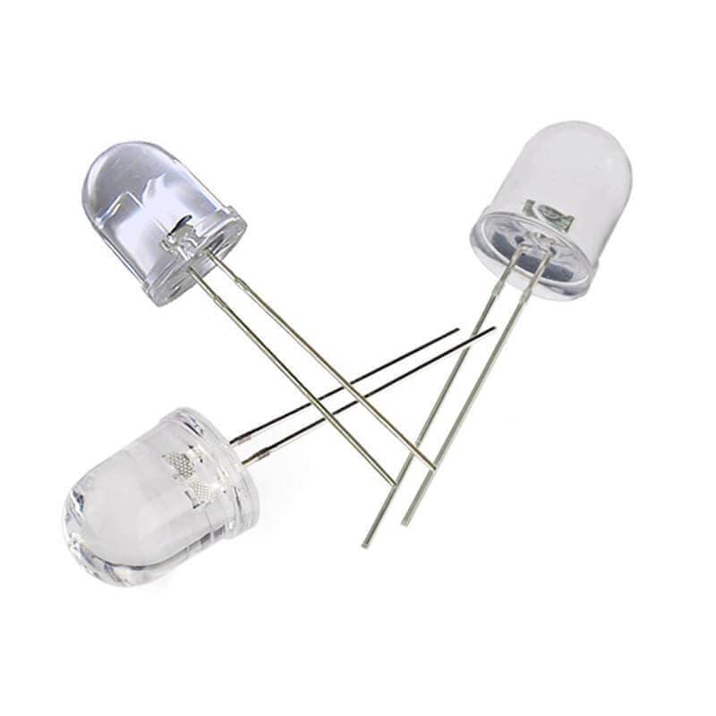 Large 10mm White LED Crystal - three clear, dome-shaped LED components with two metal leads each, arranged in a cross pattern.