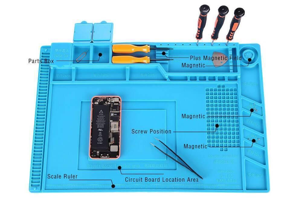 Large Heat Insulation Silicone Soldering & Repairing Mat - shown with a smartphone, tweezers, screwdrivers, and labeled magnetic storage compartments.