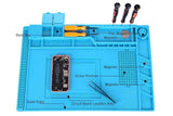 Large Heat Insulation Silicone Soldering & Repairing Mat - shown with a smartphone, tweezers, screwdrivers, and labeled magnetic storage compartments.