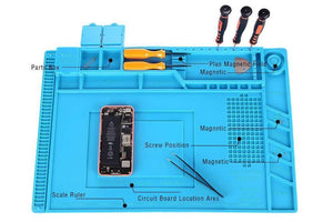 Large Heat Insulation Silicone Soldering & Repairing Mat - shown with a smartphone, tweezers, screwdrivers, and labeled magnetic storage compartments.