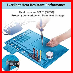 Large Heat Insulation Silicone Soldering & Repairing Mat - blue, shown with a soldering iron, screwdrivers, solder wire, and a digital caliper close-up.