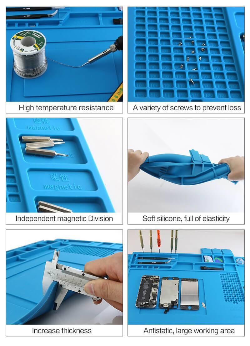 Large Heat Insulation Silicone Soldering & Repairing Mat - shown in a six-panel collage highlighting its blue silicone texture, magnetic sections, and use.