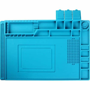 Large Heat Insulation Silicone Soldering & Repairing Mat - a rectangular blue work mat with various compartments, a screw grid, and tool slots.