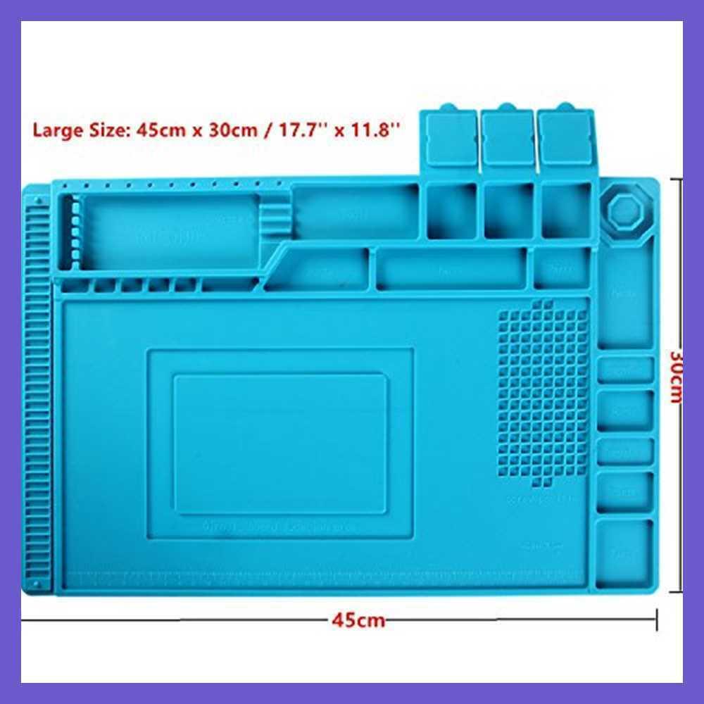 Large Heat Insulation Silicone Soldering & Repairing Mat - shown as a blue rectangular work surface with various compartments and dimension labels.