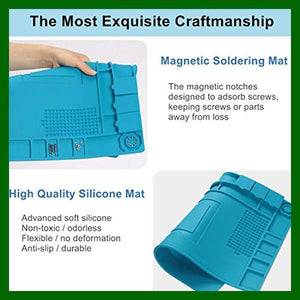 Large Heat Insulation Silicone Soldering & Repairing Mat - shown in a collage with a blue flexible silicone mat being folded and holding small metal screws.
