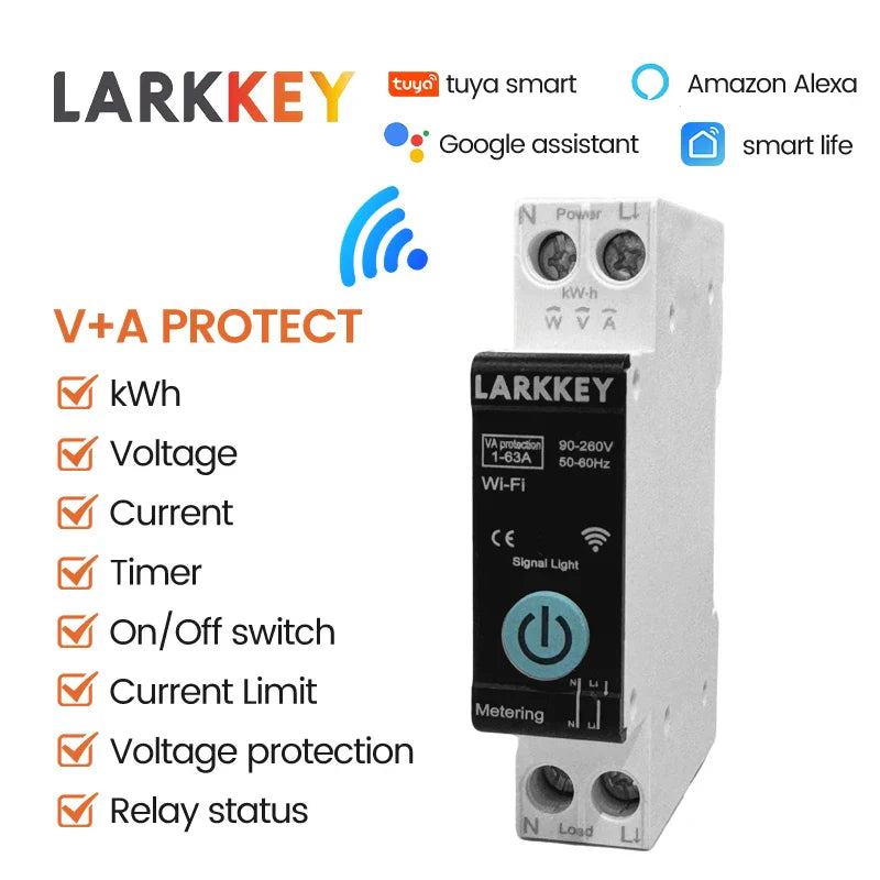 Larkkey Programmable WiFi Breaker Tuya Smart Circuit Breaker Power Metering Over Current Under Voltage Protection DIN Rail Smart Switch - a white DIN rail device with a black front panel featuring a power button, signal light, and screw terminals for wiring.