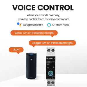 Larkkey Programmable WiFi Breaker Tuya Smart Circuit Breaker Power Metering Over Current Under Voltage Protection DIN Rail Smart Switch - shown next to an Amazon smart speaker with speech bubbles illustrating voice control commands for Google Assistant and Alexa.