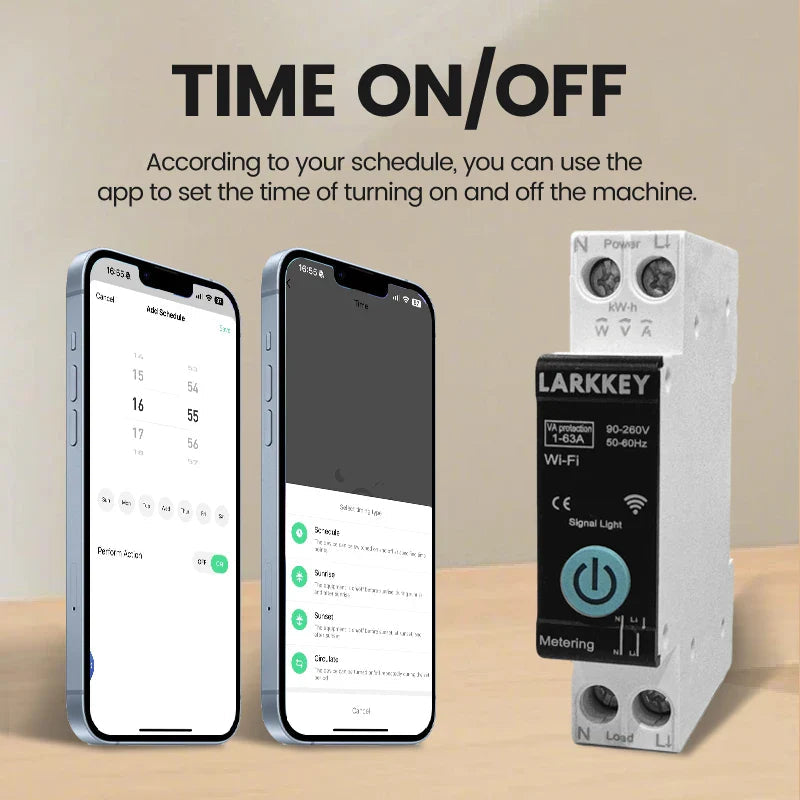 Larkkey Programmable WiFi Breaker Tuya Smart Circuit Breaker Power Metering Over Current Under Voltage Protection DIN Rail Smart Switch - two smartphones displaying scheduling app interfaces next to the white and black DIN rail smart switch with a power button.