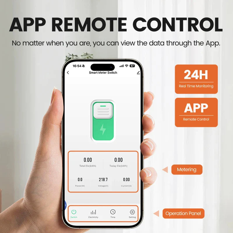 Larkkey Programmable WiFi Breaker Tuya Smart Circuit Breaker Power Metering Over Current Under Voltage Protection DIN Rail Smart Switch - a smartphone displaying a Smart Meter Switch app interface with power, voltage, current, and energy data.