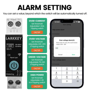 Larkkey Programmable WiFi Breaker Tuya Smart Circuit Breaker Power Metering Over Current Under Voltage Protection DIN Rail Smart Switch - a black DIN rail unit with a power button and a smartphone screen displaying alarm setting menus for electrical limits.