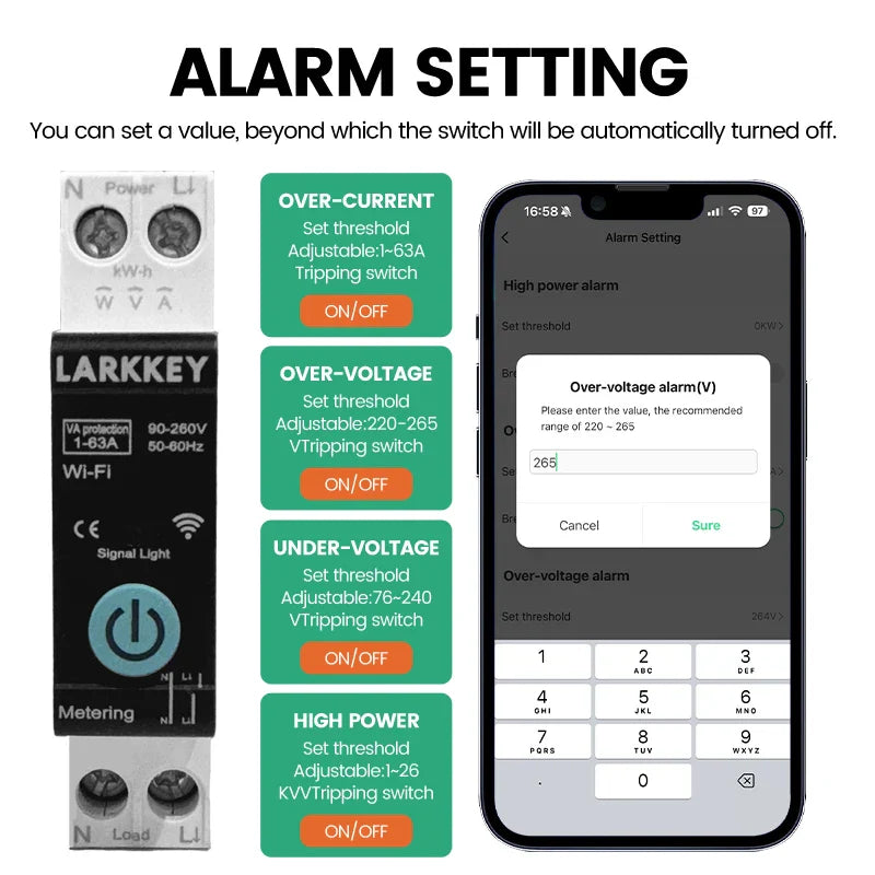 Larkkey Programmable WiFi Breaker Tuya Smart Circuit Breaker Power Metering Over Current Under Voltage Protection DIN Rail Smart Switch - a black DIN rail unit with a power button and a smartphone screen displaying alarm setting menus for electrical limits.