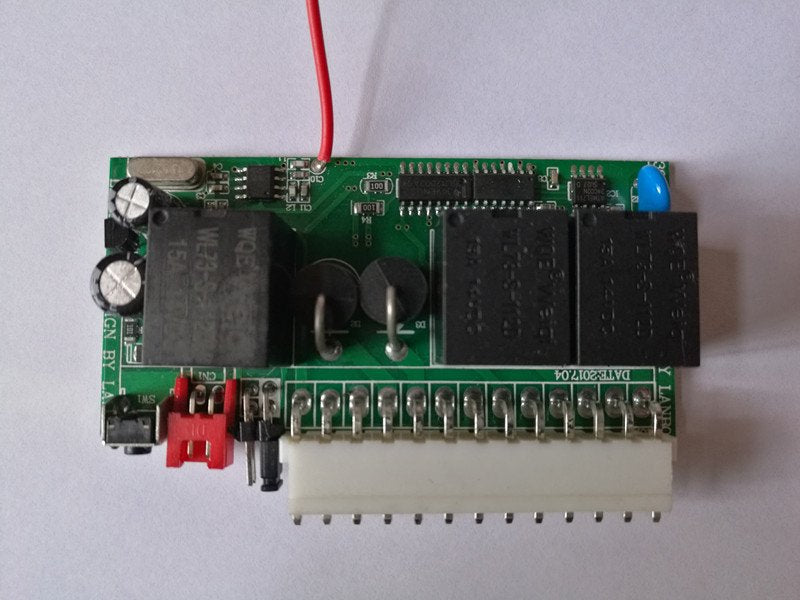 Lb 405 Universal Car Keyless Entry System Mainboard PCB - a green circuit board with three black relays, a white connector, and a red antenna wire.