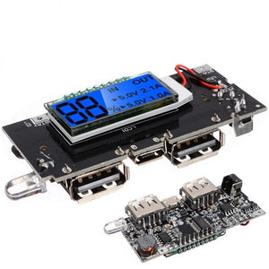 LCD Display Dual USB 5V 1A 2.1A Power Bank - two black circuit boards with USB ports, a small LED, and an LCD screen displaying IN/OUT data.