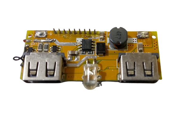 LCD Display Dual USB 5V 1A 2.1A Power Bank - with two USB ports, an LED light, an inductor, and an integrated circuit chip.