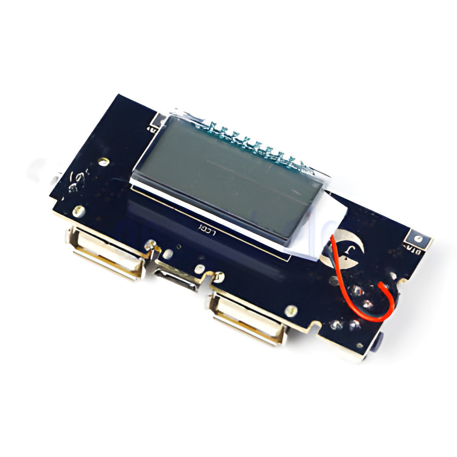 LCD Display Dual USB 5V 1A 2.1A Power Bank - a black circuit board, an LCD screen, two USB ports, and a loose red wire.