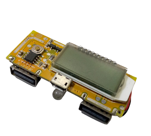 LCD Display Dual USB 5V 1A 2.1A Power Bank - with two USB ports, a micro-USB port, an LED, and an LCD screen on a yellow PCB.