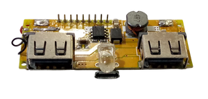 LCD Display Dual USB 5V 1A 2.1A Power Bank - two USB-A ports, a micro-USB port, an LED indicator, and a small inductor coil.
