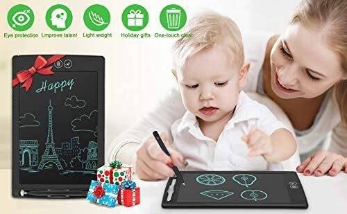 LCD Writing Tablet HSD1200 12 Inch Paperless Student Family Office School Notes - a black tablet displaying an Eiffel Tower drawing, a second tablet with fruit drawings, a stylus, and gift boxes.