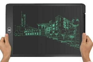 LCD Writing Tablet HSD1200 12 Inch Paperless Student Family Office School Notes - held by two hands, showing a black screen with a green architectural sketch and a trash icon button on the left.