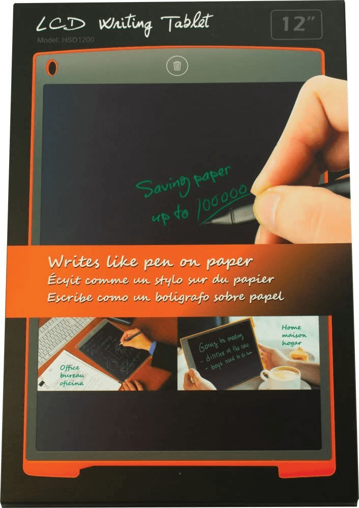 LCD Writing Tablet HSD1200 12 Inch Paperless Student Family Office School Notes - the orange-framed tablet, a stylus, and examples of handwritten notes in office and home settings.