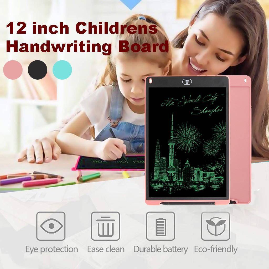 LCD Writing Tablet HSD1200 12 Inch Paperless Student Family Office School Notes - a pink tablet with a stylus and a screen displaying a drawing of the Shanghai skyline with fireworks.