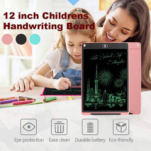 LCD Writing Tablet HSD1200 12 Inch Paperless Student Family Office School Notes - a pink tablet with a stylus and a screen displaying a drawing of the Shanghai skyline with fireworks.