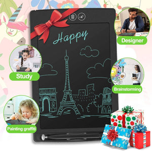 LCD Writing Tablet HSD1200 12 Inch Paperless Student Family Office School Notes - a black tablet with a drawing of the Eiffel Tower, two top buttons, a stylus, and surrounding gift boxes.