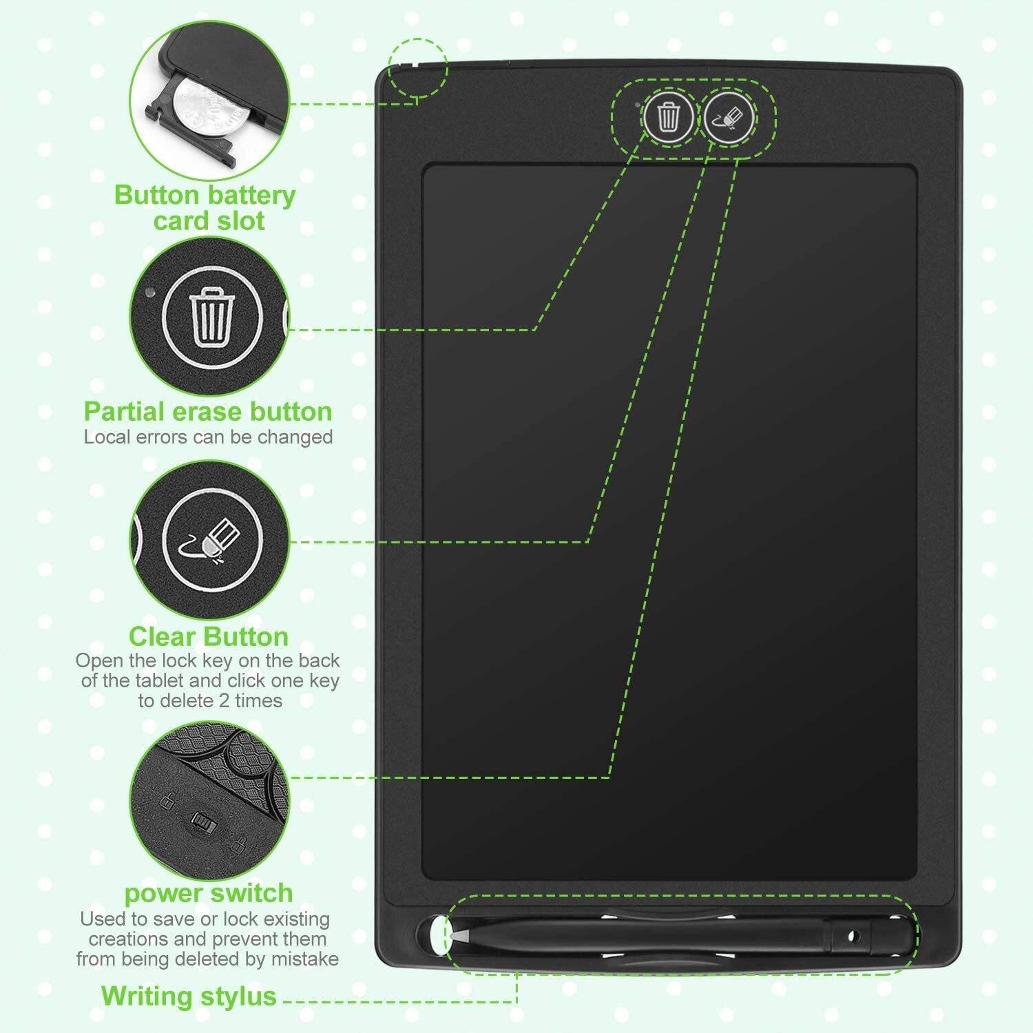 LCD Writing Tablet HSD1200 12 Inch Paperless Student Family Office School Notes - a black 12-inch tablet with a stylus, battery slot, and buttons for partial erase, clear, and power lock functions.