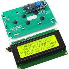LCD2004 Blue/green Parallel LCD Display With Iic/i2c Interface - a green screen with black text reading "Hello, world!" and a blue potentiometer on the back.