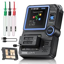 LCR-P1 Transistor Tester Lcr Meter MOSFET NPN PNP SMD Multifunction Tester Diode Triode Capacimeter Resistance - with a digital screen showing transistor data, a ZIF socket, test button, USB cable, three test clips, and a component board.