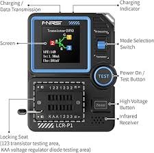 LCR-P1 Transistor Tester Lcr Meter MOSFET NPN PNP SMD Multifunction Tester Diode Triode Capacimeter Resistance - shown from the front, featuring a screen displaying transistor data, a test button, mode switch, and a component locking seat.