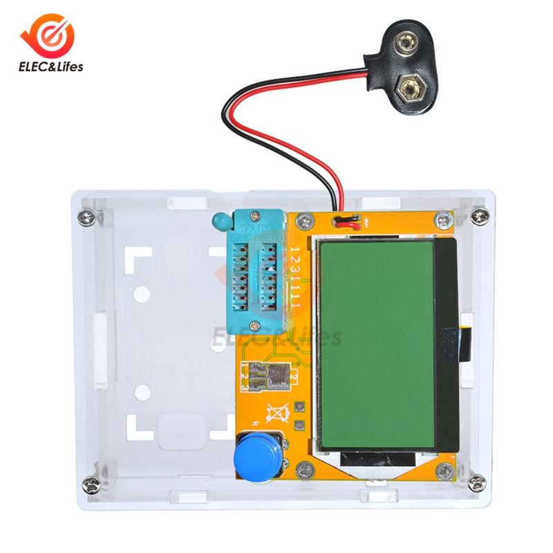 LCR-T4 Acrylic Case Housing Shell For LCR-T4 MEGA328 Transistor Tester M328 Diode Triode Capacitance ESR Meter Clear Box Case - a clear box housing a green LCD screen, a blue button, a ZIF socket, and a 9V battery connector.