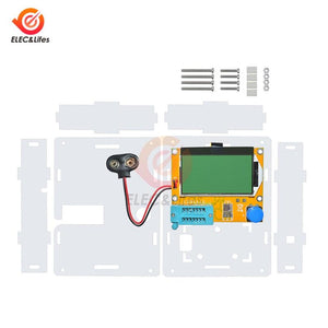 LCR-T4 Acrylic Case Housing Shell For LCR-T4 MEGA328 Transistor Tester M328 Diode Triode Capacitance ESR Meter Clear Box Case - shown as a kit with clear acrylic panels, a transistor tester board with an LCD screen, screws, and a battery connector.