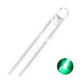 LED 3mm Green Crystal LED Super Bright - a clear, round-top green LED with two metal leads and a small inset circle of the LED glowing green.