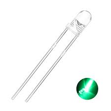 LED 3mm Green Crystal LED Super Bright - a clear, round-top green LED with two metal leads and a small inset circle of the LED glowing green.