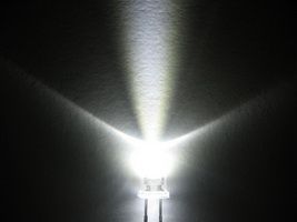 LED 3mm White Water Clear Ultra Bright - a single illuminated white LED component with two metal leads extending downwards.