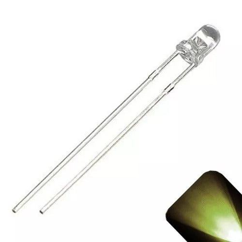 LED 3mm White Water Clear Ultra Bright - a single clear-lens LED component with two long metal pins and a glowing light effect in the corner.