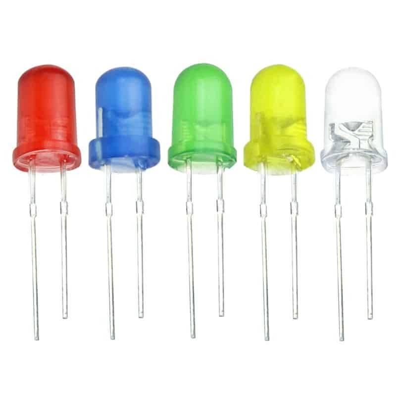 LED 5mm (mix Colors Pack Of 25 Pcs) - five individual 5mm through-hole LEDs in red, blue, green, yellow, and clear, each with two metal pins.