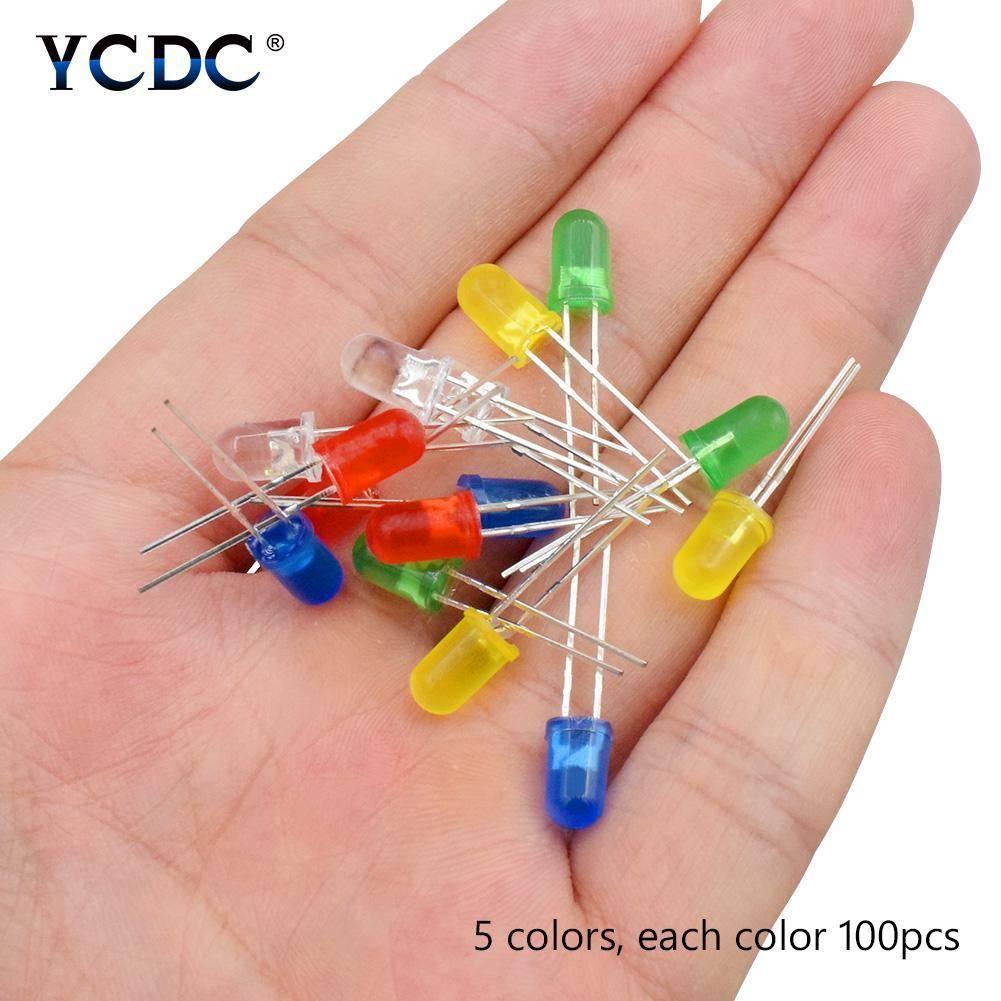 LED 5mm (mix Colors Pack Of 25 Pcs) - a hand holding a small collection of assorted red, green, yellow, blue, and clear 5mm light-emitting diodes.