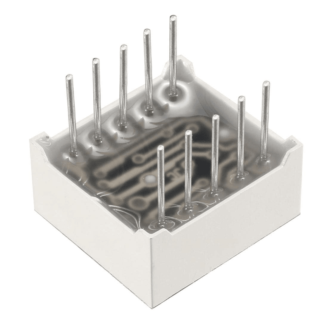 LED 7 Segment 2 Digit Common Anode Display 25MMX17MMX10MM - the rear side of the white square component with eight vertical metal connector pins.