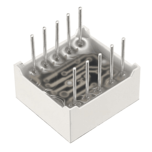 LED 7 Segment 2 Digit Common Anode Display 25MMX17MMX10MM - the rear side of the white square component with eight vertical metal connector pins.