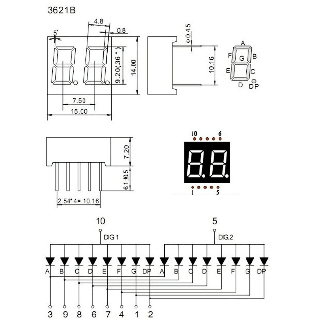 LED 7 Segment 2 Digit Common Anode Display 25MMX17MMX10MM - technical diagram showing dimensions, pinout configuration, and a schematic of the internal LED connections.