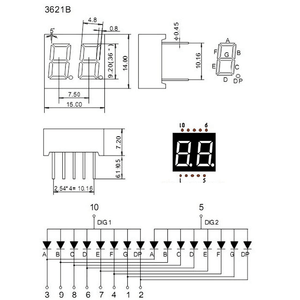 LED 7 Segment 2 Digit Common Anode Display 25MMX17MMX10MM - technical diagram showing dimensions, pinout configuration, and a schematic of the internal LED connections.