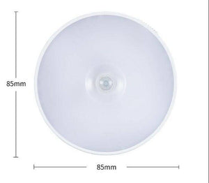 LED Body Induction Lamp Induction Night Light Warm White PIR Sensor - a round white light with a central PIR sensor, shown in a top-down view with 85mm dimension markers on the height and width.