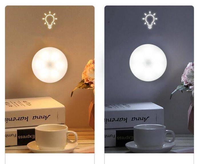 LED Body Induction Lamp Induction Night Light Warm White PIR Sensor - shown in two side-by-side panels displaying warm and cool white light settings.
