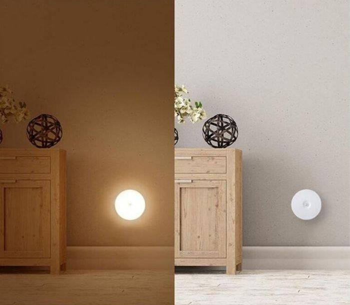 LED Body Induction Lamp Induction Night Light Warm White PIR Sensor - shown as a round white light mounted on a wall, displayed both on and off.