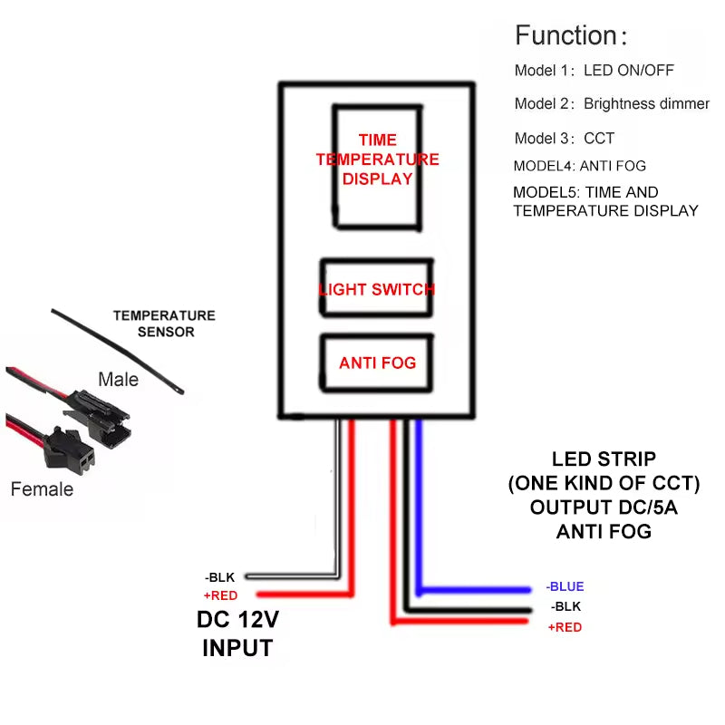 LED Mirror DC12V 5A 60W Cct Smart Defogger Touch Dimmer Sensor Switch IP21 Rated - a control panel, temperature sensor, and cables.
